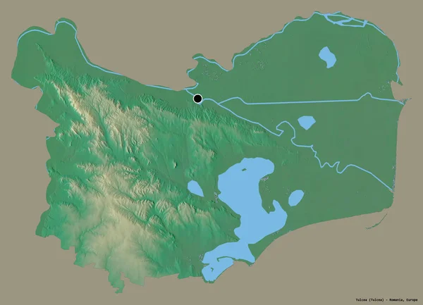 ルーマニアの郡トゥルシアの形で その首都はしっかりとした色の背景に隔離されています 地形図 3Dレンダリング — ストック写真