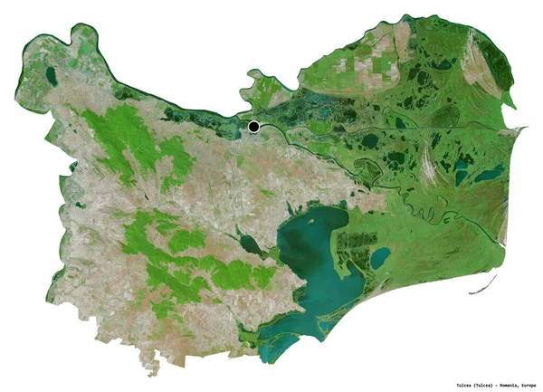 Forma Tulcea Condado Romênia Com Sua Capital Isolada Fundo Branco — Fotografia de Stock
