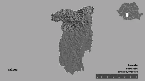 罗马尼亚县瓦尔恰的形状 其首都在坚实的背景上与世隔绝 距离尺度 区域预览和标签 Bilevel高程图 3D渲染 — 图库照片
