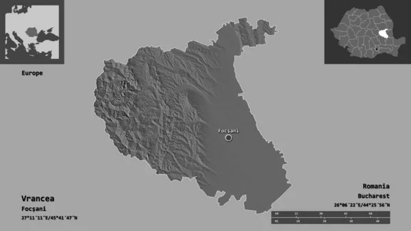 ルーマニアの郡であるヴランシアとその首都の形 距離スケール プレビューおよびラベル 標高マップ 3Dレンダリング — ストック写真