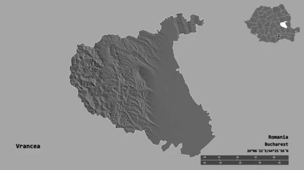 罗马尼亚县弗兰恰的形状 其首都在坚实的背景下与世隔绝 距离尺度 区域预览和标签 Bilevel高程图 3D渲染 — 图库照片