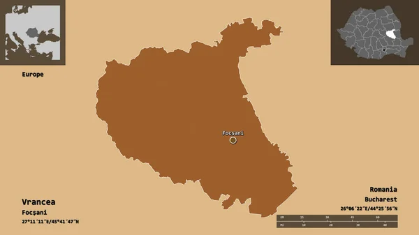 ルーマニアの郡であるヴランシアとその首都の形 距離スケール プレビューおよびラベル 規則的にパターン化されたテクスチャの構成 3Dレンダリング — ストック写真