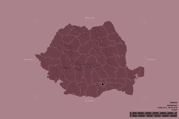 罗马尼亚的一个地区在一个地理参考方块中被孤立在一个坚实的背景之下 主要区域分部 距离标度 彩色高程图 3D渲染 — 图库照片