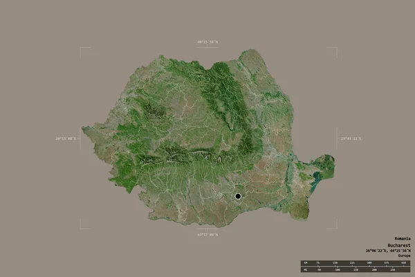 罗马尼亚的一个地区在一个地理参考方块中被孤立在一个坚实的背景之下 主要区域分部 距离标度 卫星图像 3D渲染 — 图库照片