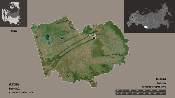 アルタイの形 ロシアの領土 そしてその首都 距離スケール プレビューおよびラベル 衛星画像 3Dレンダリング — ストック写真
