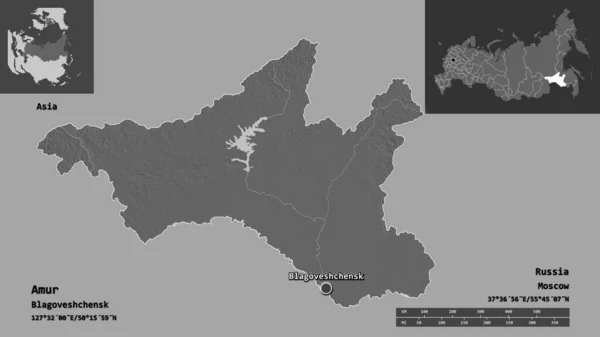 アムールの形状 ロシアの地域 およびその首都 距離スケール プレビューおよびラベル 標高マップ 3Dレンダリング — ストック写真