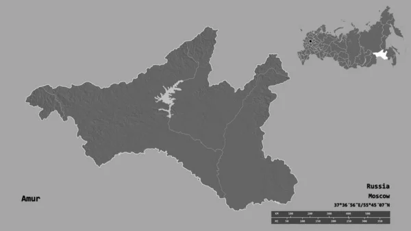俄罗斯阿穆尔州的形状 其首都在坚实的背景下与世隔绝 距离尺度 区域预览和标签 Bilevel高程图 3D渲染 — 图库照片