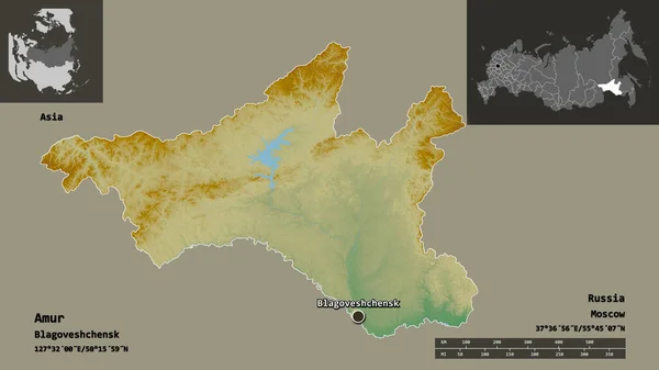 アムールの形状 ロシアの地域 およびその首都 距離スケール プレビューおよびラベル 地形図 3Dレンダリング — ストック写真