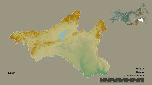 ロシアの領域であるアムールの形は その資本がしっかりとした背景に隔離されています 距離スケール リージョンプレビュー およびラベル 地形図 3Dレンダリング — ストック写真