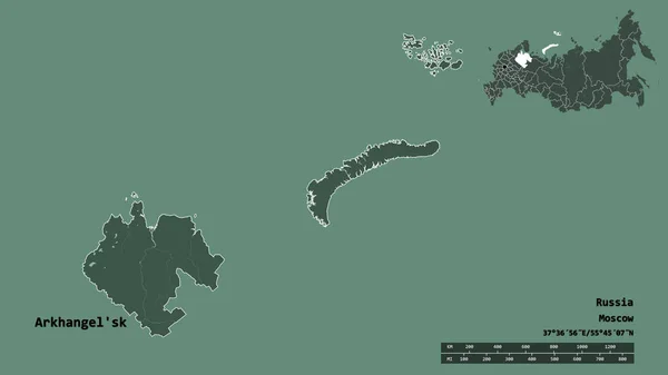 ロシアの領域 アルケンゲルスクの形状は その首都はしっかりとした背景に隔離されています 距離スケール リージョンプレビュー およびラベル 色の標高マップ 3Dレンダリング — ストック写真