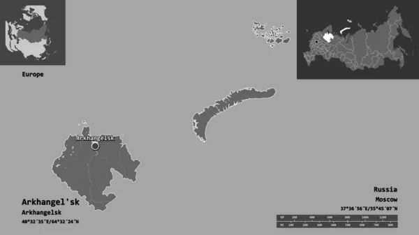 アーケンゲルスクの形 ロシアの地域 そしてその首都 距離スケール プレビューおよびラベル 標高マップ 3Dレンダリング — ストック写真