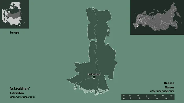 Astrakhan Şekli Rusya Bölgesi Başkenti Uzaklık Ölçeği Gösterimler Etiketler Renkli — Stok fotoğraf