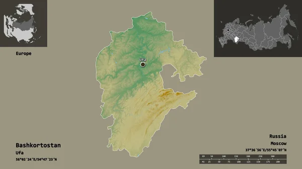 Bashkortostan Şekli Rusya Cumhuriyeti Başkenti Uzaklık Ölçeği Gösterimler Etiketler Topografik — Stok fotoğraf