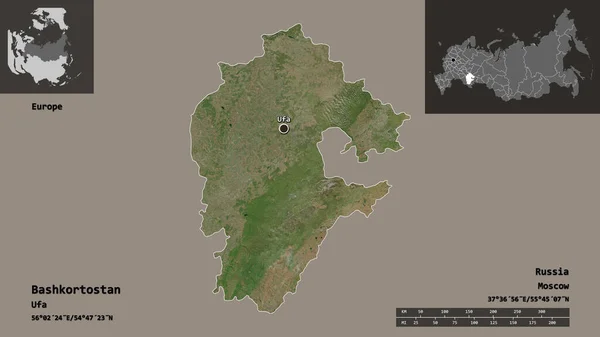 バシコルトスタン ロシア共和国 およびその首都の形状 距離スケール プレビューおよびラベル 衛星画像 3Dレンダリング — ストック写真