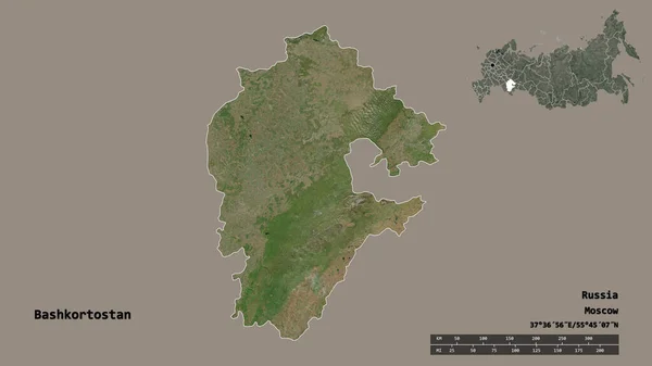 ロシア共和国のバシュコルトスタンの形で その首都はしっかりとした背景に隔離されています 距離スケール リージョンプレビュー およびラベル 衛星画像 3Dレンダリング — ストック写真