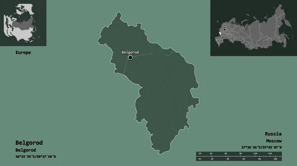 ベルゴルドの形 ロシアの領域 およびその首都 距離スケール プレビューおよびラベル 色の標高マップ 3Dレンダリング — ストック写真
