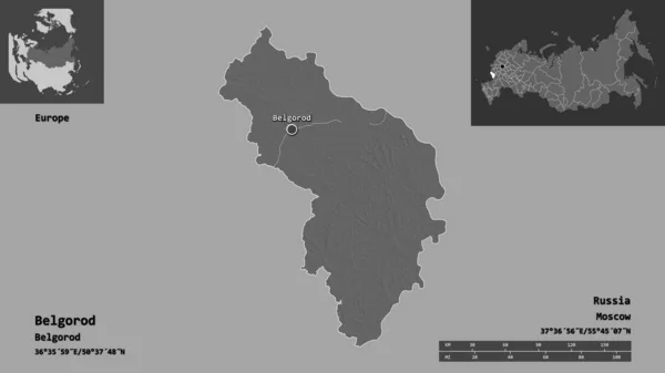 ベルゴルドの形 ロシアの領域 およびその首都 距離スケール プレビューおよびラベル 標高マップ 3Dレンダリング — ストック写真