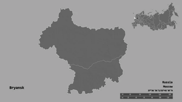 俄罗斯布良斯克地区的形状 其首都在坚实的背景下与世隔绝 距离尺度 区域预览和标签 Bilevel高程图 3D渲染 — 图库照片