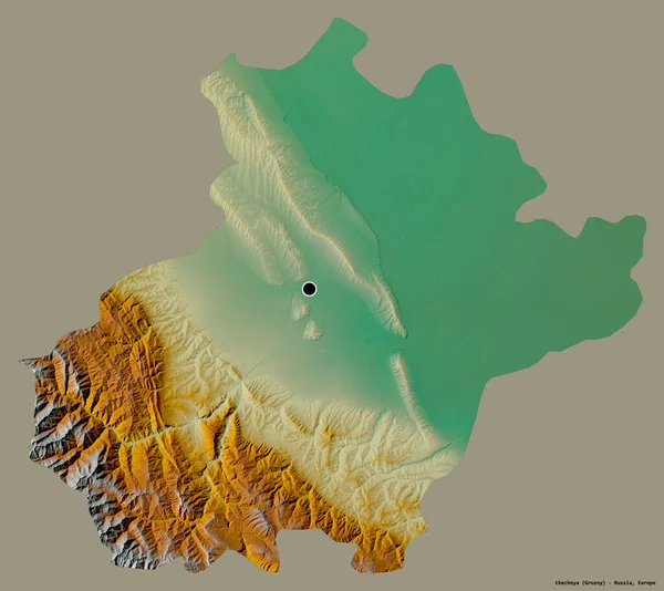 Çeçenistan 'ın şekli, Rusya Cumhuriyeti, başkenti katı renk arka planında izole edilmiş. Topografik yardım haritası. 3B görüntüleme