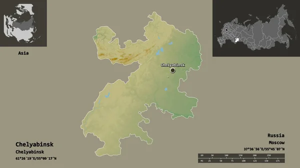 チェリャビンスクの形 ロシアの地域 およびその首都 距離スケール プレビューおよびラベル 地形図 3Dレンダリング — ストック写真