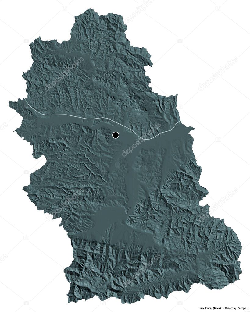 Shape of Hunedoara, county of Romania, with its capital isolated on white background. Colored elevation map. 3D rendering