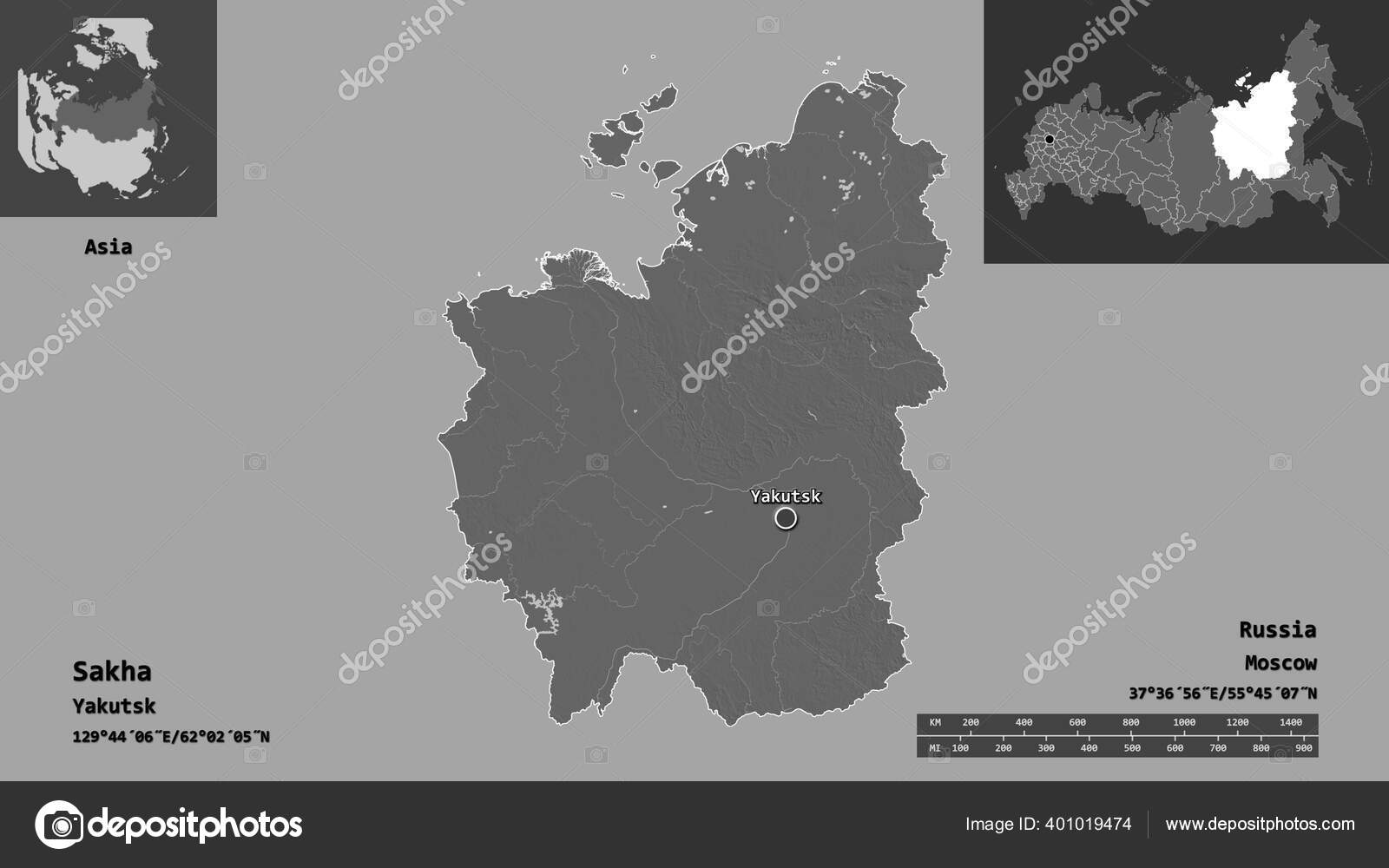 Shape Sakha Republic Russia Its Capital Distance Scale Previews Labels Stock Photo Image By C Yarr65 401019474