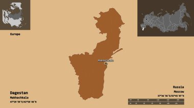 Dağıstan 'ın şekli, Rusya Cumhuriyeti ve başkenti. Uzaklık ölçeği, ön gösterimler ve etiketler. Düzenli desenli dokuların bileşimi. 3B görüntüleme