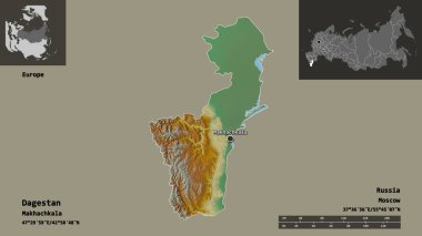 Dağıstan 'ın şekli, Rusya Cumhuriyeti ve başkenti. Uzaklık ölçeği, ön gösterimler ve etiketler. Topografik yardım haritası. 3B görüntüleme
