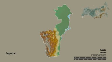Rusya Cumhuriyeti 'nin Dağıstan şekli, başkenti sağlam bir zemin üzerinde izole edilmiş. Uzaklık ölçeği, bölge önizlemesi ve etiketleri. Topografik yardım haritası. 3B görüntüleme