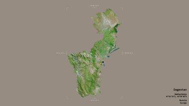 Dağıstan bölgesi, Rusya Cumhuriyeti, jeoreferatlı bir sınır kutusunda sağlam bir arka planda izole edilmiş. Etiketler. Uydu görüntüleri. 3B görüntüleme