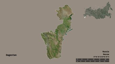Rusya Cumhuriyeti 'nin Dağıstan şekli, başkenti sağlam bir zemin üzerinde izole edilmiş. Uzaklık ölçeği, bölge önizlemesi ve etiketleri. Uydu görüntüleri. 3B görüntüleme