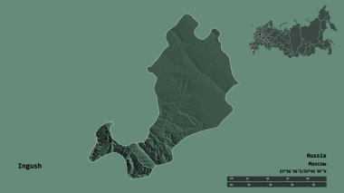 Rusya Cumhuriyeti 'nin başkenti Ingush' un sağlam arka planda izole edilmiş hali. Uzaklık ölçeği, bölge önizlemesi ve etiketleri. Renkli yükseklik haritası. 3B görüntüleme