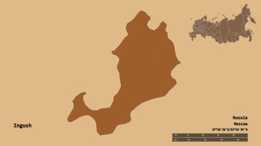 Rusya Cumhuriyeti 'nin başkenti Ingush' un sağlam arka planda izole edilmiş hali. Uzaklık ölçeği, bölge önizlemesi ve etiketleri. Düzenli desenli dokuların bileşimi. 3B görüntüleme