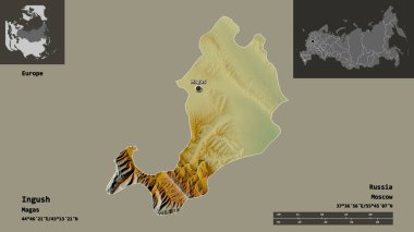 Ingush 'un şekli, Rusya Cumhuriyeti ve başkenti. Uzaklık ölçeği, ön gösterimler ve etiketler. Topografik yardım haritası. 3B görüntüleme