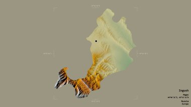 Rusya Cumhuriyeti 'nin Ingush bölgesi jeoreferatlı bir sınır kutusunda sağlam bir arka planda izole edilmiş. Etiketler. Topografik yardım haritası. 3B görüntüleme