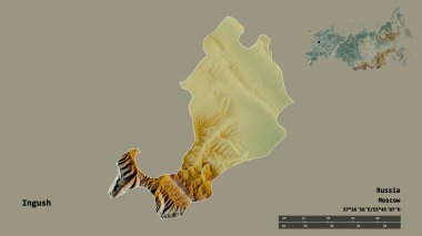 Rusya Cumhuriyeti 'nin başkenti Ingush' un sağlam arka planda izole edilmiş hali. Uzaklık ölçeği, bölge önizlemesi ve etiketleri. Topografik yardım haritası. 3B görüntüleme