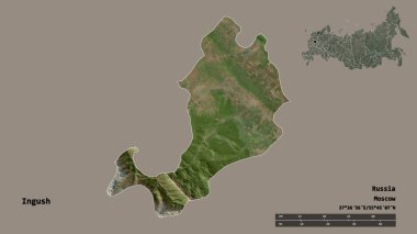 Rusya Cumhuriyeti 'nin başkenti Ingush' un sağlam arka planda izole edilmiş hali. Uzaklık ölçeği, bölge önizlemesi ve etiketleri. Uydu görüntüleri. 3B görüntüleme