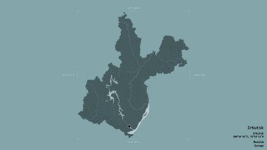 Irkutsk bölgesi, Rusya bölgesi, jeoreferatlı bir sınır kutusunda sağlam bir arka planda izole edilmiş. Etiketler. Renkli yükseklik haritası. 3B görüntüleme
