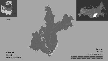 Irkutsk 'un şekli, Rusya bölgesi ve başkenti. Uzaklık ölçeği, ön gösterimler ve etiketler. Çift seviyeli yükseklik haritası. 3B görüntüleme