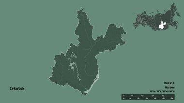 Rusya 'nın Irkutsk bölgesi, başkenti sağlam bir zemin üzerinde izole edilmiş. Uzaklık ölçeği, bölge önizlemesi ve etiketleri. Renkli yükseklik haritası. 3B görüntüleme