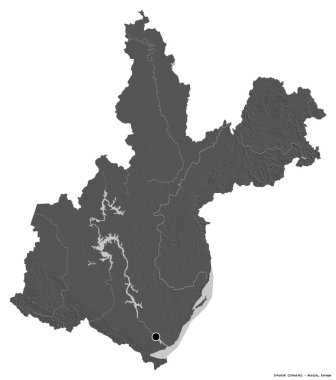 Rusya 'nın Irkutsk bölgesi, başkenti beyaz arka planda izole edilmiş. Çift seviyeli yükseklik haritası. 3B görüntüleme