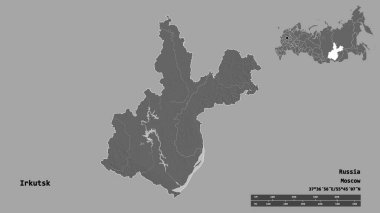 Rusya 'nın Irkutsk bölgesi, başkenti sağlam bir zemin üzerinde izole edilmiş. Uzaklık ölçeği, bölge önizlemesi ve etiketleri. Çift seviyeli yükseklik haritası. 3B görüntüleme
