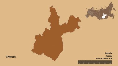 Rusya 'nın Irkutsk bölgesi, başkenti sağlam bir zemin üzerinde izole edilmiş. Uzaklık ölçeği, bölge önizlemesi ve etiketleri. Düzenli desenli dokuların bileşimi. 3B görüntüleme