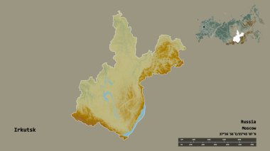 Rusya 'nın Irkutsk bölgesi, başkenti sağlam bir zemin üzerinde izole edilmiş. Uzaklık ölçeği, bölge önizlemesi ve etiketleri. Topografik yardım haritası. 3B görüntüleme
