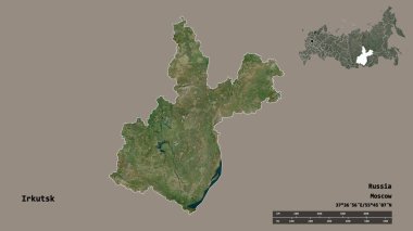 Rusya 'nın Irkutsk bölgesi, başkenti sağlam bir zemin üzerinde izole edilmiş. Uzaklık ölçeği, bölge önizlemesi ve etiketleri. Uydu görüntüleri. 3B görüntüleme