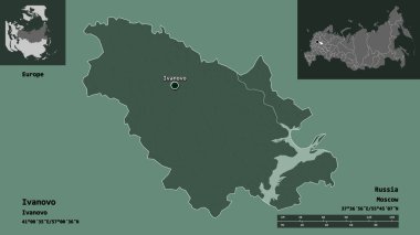 Ivanovo 'nun şekli, Rusya bölgesi ve başkenti. Uzaklık ölçeği, ön gösterimler ve etiketler. Renkli yükseklik haritası. 3B görüntüleme