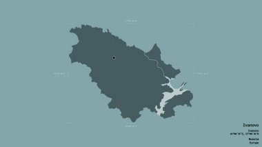 İvanovo bölgesi, Rusya bölgesi, jeoreferatlı bir sınır kutusunun sağlam bir arka planında izole edilmiş. Etiketler. Renkli yükseklik haritası. 3B görüntüleme