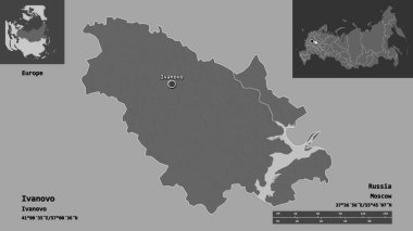 Ivanovo 'nun şekli, Rusya bölgesi ve başkenti. Uzaklık ölçeği, ön gösterimler ve etiketler. Çift seviyeli yükseklik haritası. 3B görüntüleme
