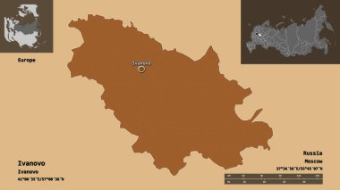 Ivanovo 'nun şekli, Rusya bölgesi ve başkenti. Uzaklık ölçeği, ön gösterimler ve etiketler. Düzenli desenli dokuların bileşimi. 3B görüntüleme