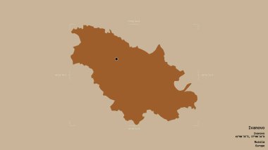 İvanovo bölgesi, Rusya bölgesi, jeoreferatlı bir sınır kutusunun sağlam bir arka planında izole edilmiş. Etiketler. Desenli dokuların bileşimi. 3B görüntüleme